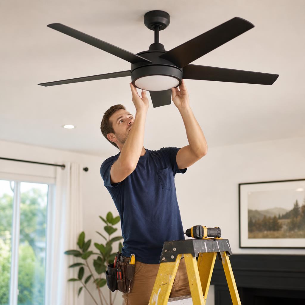Technician installing a modern ceiling fan