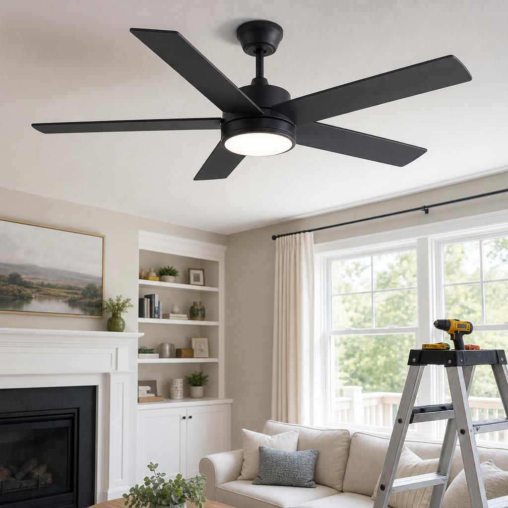 Newly installed modern ceiling fan with stepladder and tools