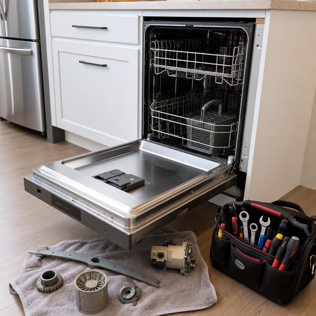 Open dishwasher pulled out for repair with tools and parts