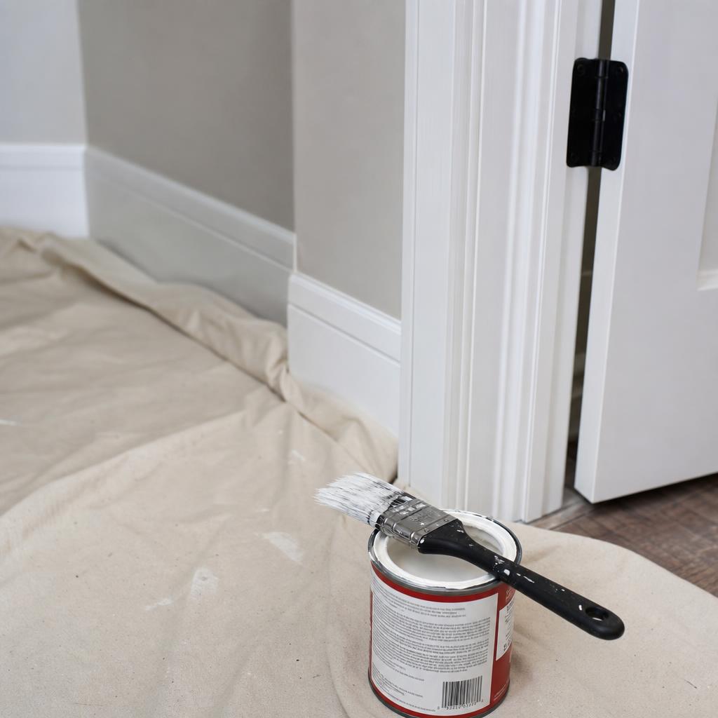Paint can and brush on drop cloth beside freshly painted white trim